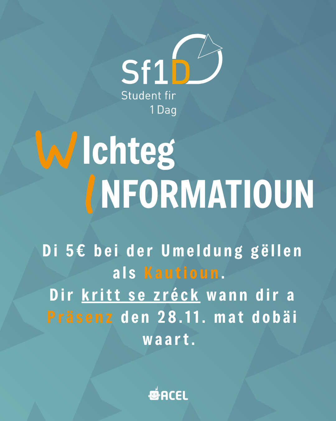 Wichteg Informatioun: Di 5€ bei der Umeldung gëllen als Kautioun. Dir kritt se zréck wann dir a Präsenz den 28.11. mat dobäi waart.